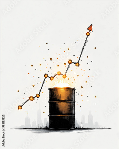 Oil Barrel & Rising Arrow: An illustrative depiction of an oil barrel with an upward trending arrow, symbolizing growth and economic progress.