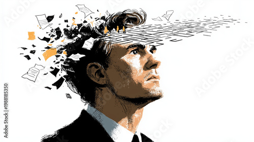 Mind Unfolding: An illustration captures the moment of a person's thoughts breaking free from the mind, with fragmented paper pieces that float into the air, representing ideas and creative freedom.