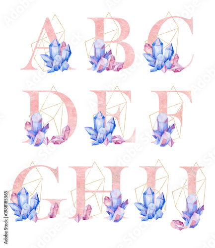 A stylish and beautiful crystals themed vector alphabet composition featuring letters A to J, ideal for all creative projects.