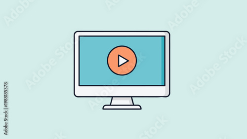 Modern computer monitor display featuring a large orange play button on a blue screen for video streaming and multimedia technology concepts.