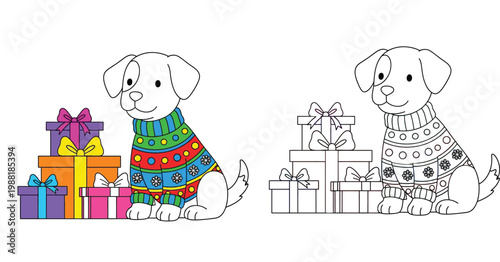 Cute puppy in winter sweater with holiday gifts. Coloring page template featuring a colored example and black and white line art. Kids vector illustration.