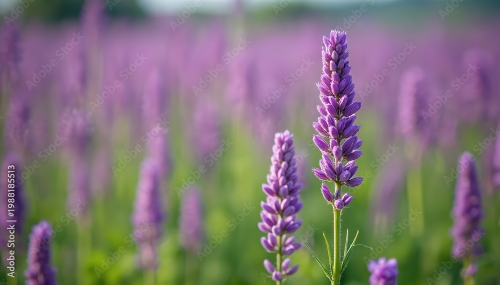 Fototapeta premium Field of blooming purple alfalfa flowers. Delicate petals and green stems stand out against a soft background of more flowers. Detailed macro shot shows natural agricultural crop in countryside.