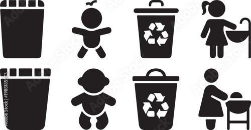 Set of icons representing baby care, recycling, and hygiene