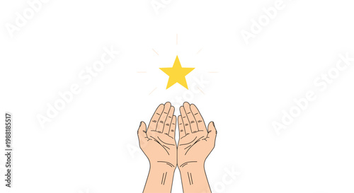 A pair of cupped hands is depicted reaching toward a vibrant yellow five-pointed star that glows softly in a simple and clean digital illustration style.