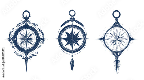 Three stylized compass rose illustrations in a dark blue, with ornate details, against white background