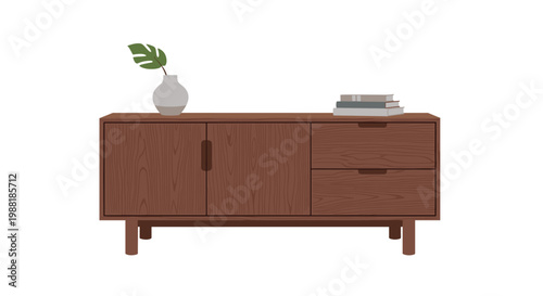 A sophisticated mid-century modern dark wood sideboard displays a minimalist grey vase with a single green leaf and a small stack of hardcover books in a clean room.