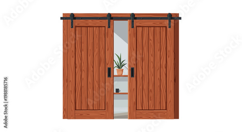 Two rustic brown wooden barn doors hang from a black metal sliding track and are partially opened to reveal a glimpse of a vibrant green potted plant in a sunny room.