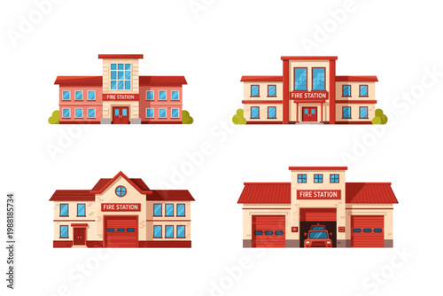 Fire station icons in cartoon style. Set of fire station building in different shape and color