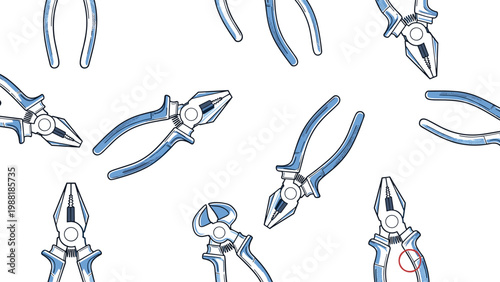 Scattered pattern of blue and white pliers and hand tools on a plain white background for hardware store and DIY construction projects.
