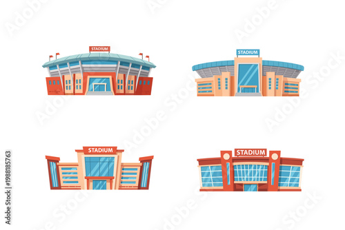 Stadium sports collection in cartoon style. Set of stadium icons in different shape and color