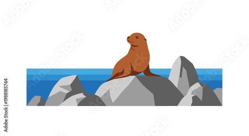 A solitary brown sea lion sits gracefully upon weathered grey coastal rocks overlooking a calm blue ocean under a bright and clear daylight sky.