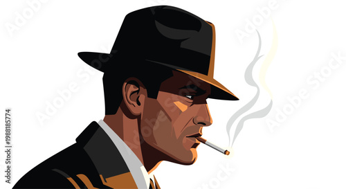 A mysterious man in a classic black fedora and trench coat smokes a cigarette with wispy white smoke rising against a stark white background.
