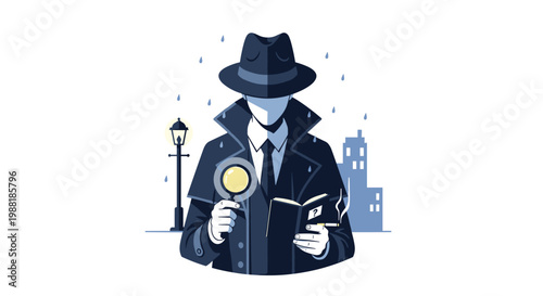 A faceless private investigator wearing a navy blue trench coat holds a magnifying glass and a notebook while standing in a rainy city street.