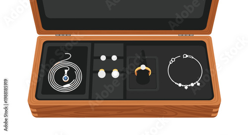 A luxurious open wooden jewelry box with a plush black velvet lining showcases a collection of silver necklaces, pearl earrings, and a gold diamond ring.