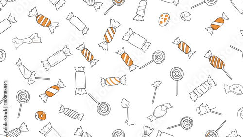 Delightful seamless pattern of various lollipops and wrapped candies in orange and white colors for sweet shop or birthday party themes.