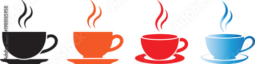 Four colorful coffee or tea cups with steam icons