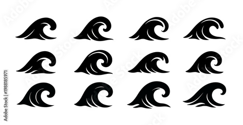 Black wave silhouette icon collection in simple cartoon style. Set of wave illustrations in different shape isolated
