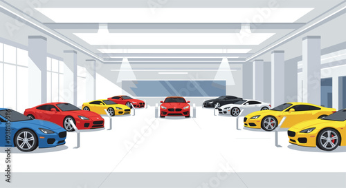 Vibrant sports cars in red yellow and blue hues are displayed within a pristine modern showroom featuring bright overhead lighting and sleek interiors.