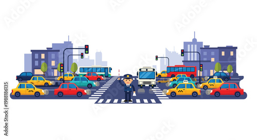Police officer in a dark blue uniform stands in the middle of a busy city intersection directing a variety of colorful cars and public buses.