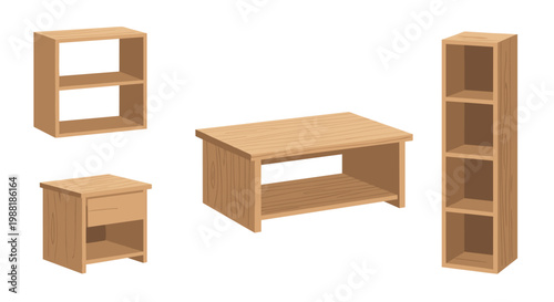 A collection of minimalist light brown wooden furniture pieces including a tall bookshelf and a sturdy coffee table rests on a pristine white background.