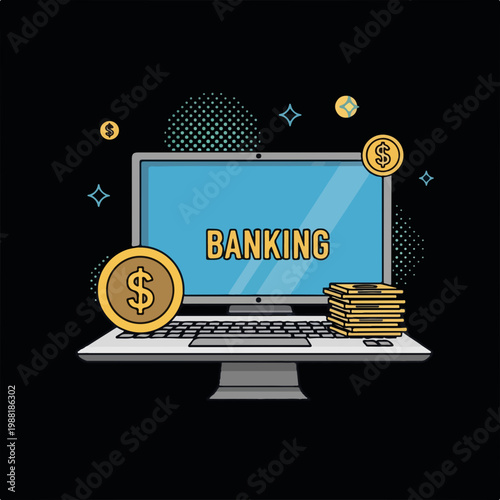 コンピュータの画面に「BANKING」と表示されている。金融に関連したイメージで、オンラインバンキングや資産管理の概念を表現している