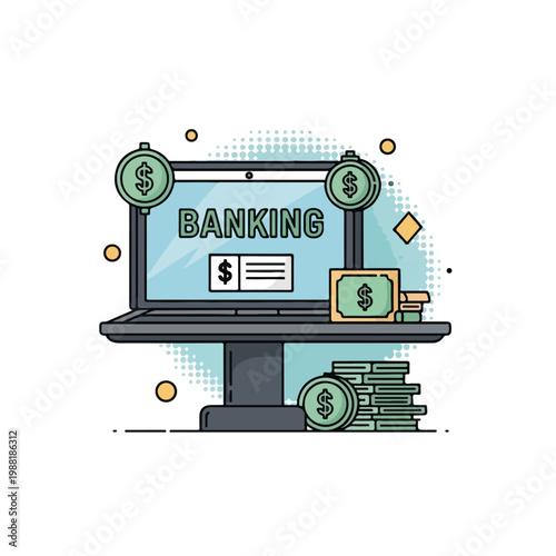 銀行関連のコンセプトを表現するパソコンと現金、コインが描かれている。金融技術やオンラインバンキングに関する記事やプレゼンテーションに役立つ