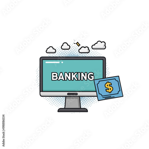 コンピュータの画面に「バンキング」という文字が書かれている。銀行業務、金融取引、またはオンラインバンキングのコンセプト。現代の金融システムに関する資料に役立つ