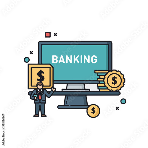 コンピュータの画面に「バンキング」と書かれたイラストと共に、男性とお金のシンボルが描かれている。金融業界のデジタル化やオンラインバンキングのコンセプトに関連して使用できる