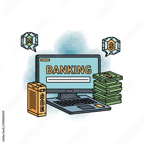 コンピュータの画面に「BANKING」と表示され、周囲には積まれたお金やデジタルアイコンが見える。オンラインバンキング、金融管理、またはデジタル決済のコンセプト。現代の金融サービスやテクノロジーに関連する資料に役立つ