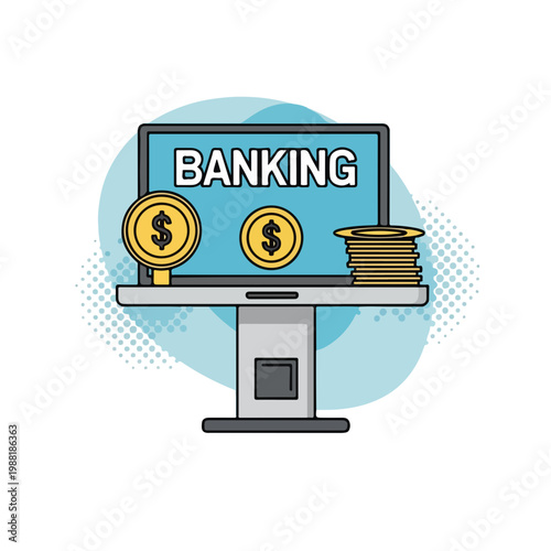 銀行のオンラインサービスを象徴するコンピューター画面にコインと札束が表示されている。現代の金融、デジタルバンキング、経済管理に関するコンセプト