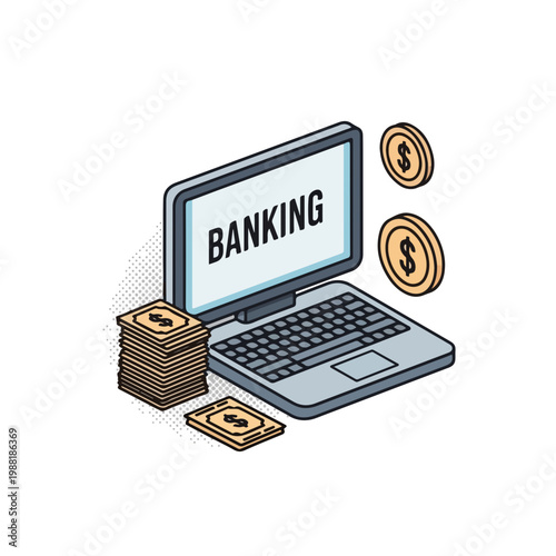 コンピュータの画面に「BANKING」と表示されている。周囲にはお金の山とコインが配置されている。オンラインバンキングや金融サービスのテーマに関連している