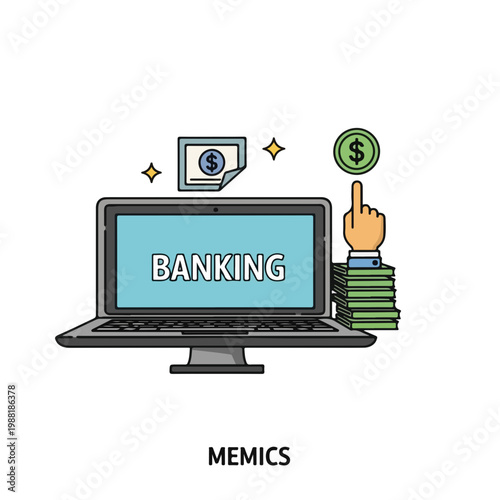 コンピュータの画面に「バンキング」と表示され、手がドル札に指を指している。デジタルバンキングやファイナンシャルプランニングのコンセプト。現代の金融技術に関する記事に役立つ