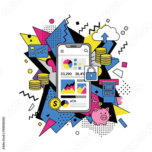 スマートフォンの画面上に財務データのグラフが表示されている。貯金箱やコインが周囲に散らばり、デジタル金融の概念を表現している。現代の金融やテクノロジーに関する素材に適している