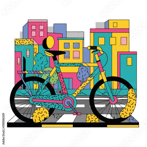 カラフルな自転車が街の背景に描かれている。都会の風景やアートのテーマを表現したデザイン。現代のライフスタイルや交通手段に関するコンテンツに役立つ