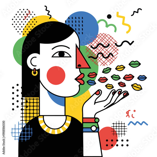 女性が手を広げて色とりどりの唇を吹きかけている。ポップアートスタイルのスタイリッシュなイラスト。コミュニケーションや感情表現のコンセプトに役立つ