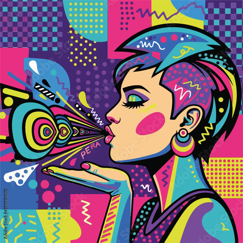 女性がカラフルな背景の前で手を振っている。アートなグラフィックスタイルが際立ち、色鮮やかな表現が楽しい感情を引き起こす。ポップアートやストリートスタイルのデザインに適している