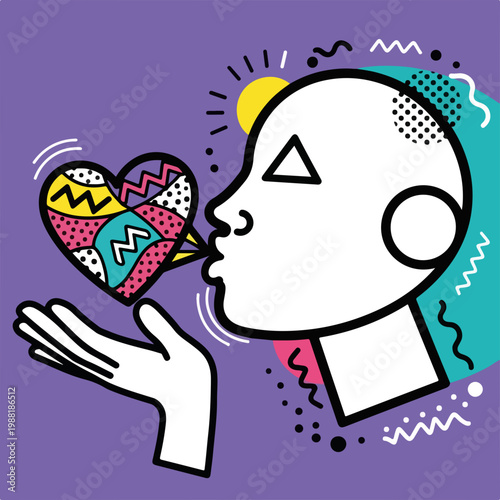 顔のシルエットが心を手に持ち、キスを送っている。愛や友情のコンセプトを表しており、色とりどりのデザインが魅力的。現代のアートに関する作品としても利用可能