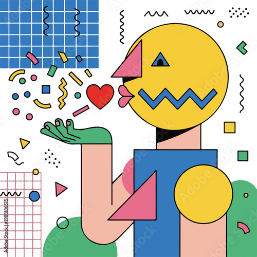 現代的なデザインのキャラクターが手からハートを送り出している。色彩豊かな形状や模様が背景に広がり、創造性や愛のテーマを表現している