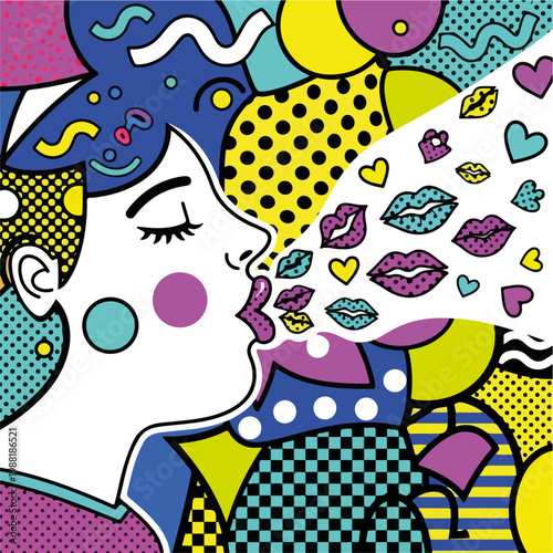 女性が色とりどりの図形の中で唇を動かしている。ポップアートスタイルの表現が愛や感情を強調する。コミュニケーションや自己表現に関するアートのコンセプト
