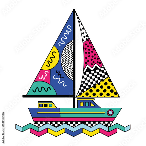 カラフルな帆船が波の上を漂っている。独特なデザインは現代アートの要素を取り入れており、海やデザインに関するテーマで使用できる