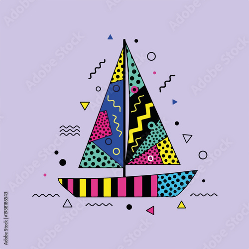 色とりどりの模様が施されたセーリングボートのイラスト。海や冒険、夏のレクリエーションを象徴するデザイン。ポップアートスタイルの作品として多様な用途に適しています