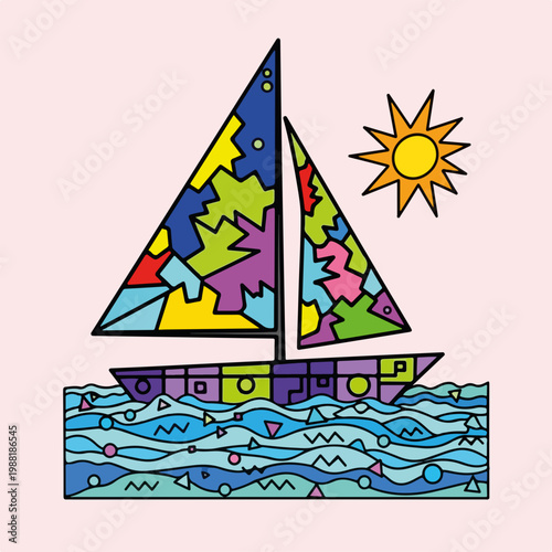 色とりどりの帆を持つ船が海を航行している。ノスタルジックな海の風景や夏の楽しい思い出を表現している。子供向けのアートやデザインに適している