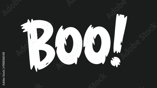 Word Boo written in a stylized scary white font on a black background, ideal for halloween greeting cards or posters.