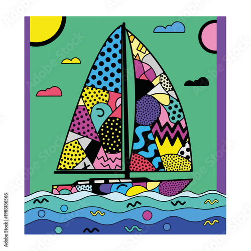 カラフルな帆船が海で航行している。ポップなアートスタイルで描かれており、楽しい雰囲気を醸し出している。夏の休暇や海のテーマに関連するコンセプトに最適