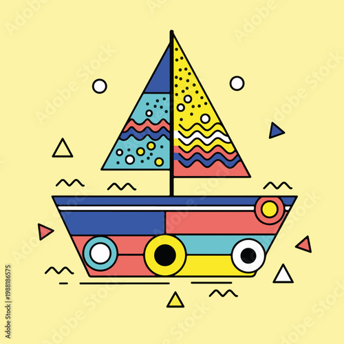 カラフルな帆船が黄色い背景に描かれている。デザインやアート、子供向けの素材、またはレクリエーションに関連するコンテンツとして活用できる