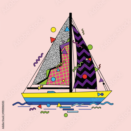 カラフルな帆船が水上を航行している。ユニークなデザインやグラフィックアートの要素が含まれており、クリエイティブなプロジェクトやデザインに役立つ