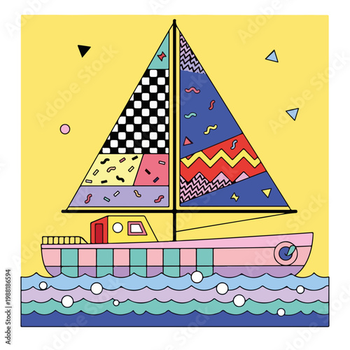 カラフルな帆船が波の上を浮かんでいる。陽気なデザインとユニークなパターンが特徴的で、海や夏の雰囲気を表現している。アートやデザインに関連するテーマに役立つ