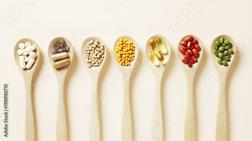 Seven wooden spoons with various grains and seeds on a clean white background for food or nutrition concepts