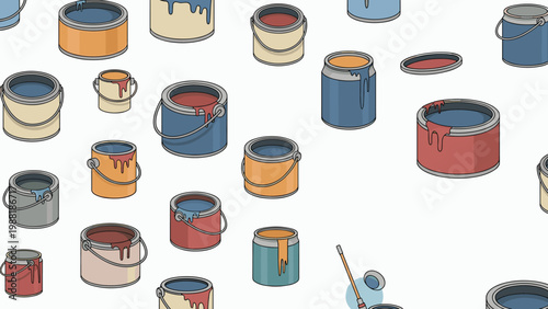 Isometric illustration of multiple paint cans with various colors of dripping paint, scattered across a light background.