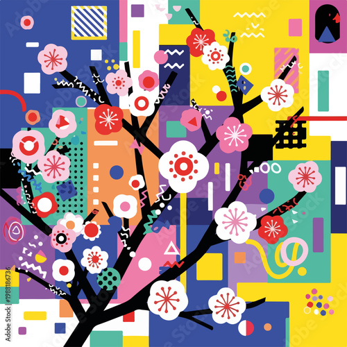 様々な色彩の背景に咲く桜の花が描かれたアートワーク。現代的なデザインと春の訪れを感じさせる。また、華やかなビジュアルアートとして利用できる